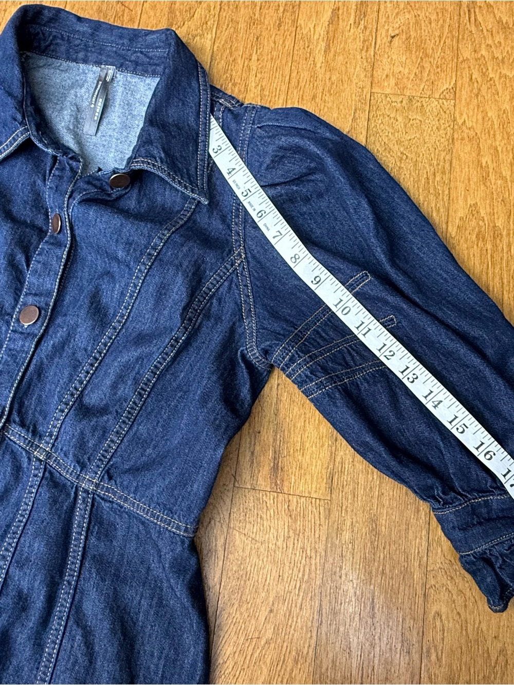 Anthropologie Button-up, Collared 3/4 Puff Sleeve Mini Blue Jean Dress Size 8 - Picture 9 of 12